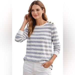 Talbots Striped Button Shoulder Top Medium Cotton Nautical Gray White